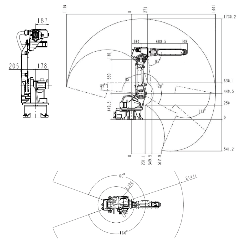 ROBOT SIZE DIMENSION & MAXIMUM MOTION RANGE VBR6-1